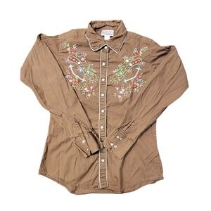 EUC Pink Cattlelac Women Brown Western Pearl Snap Shirt Embroidered Floral Small